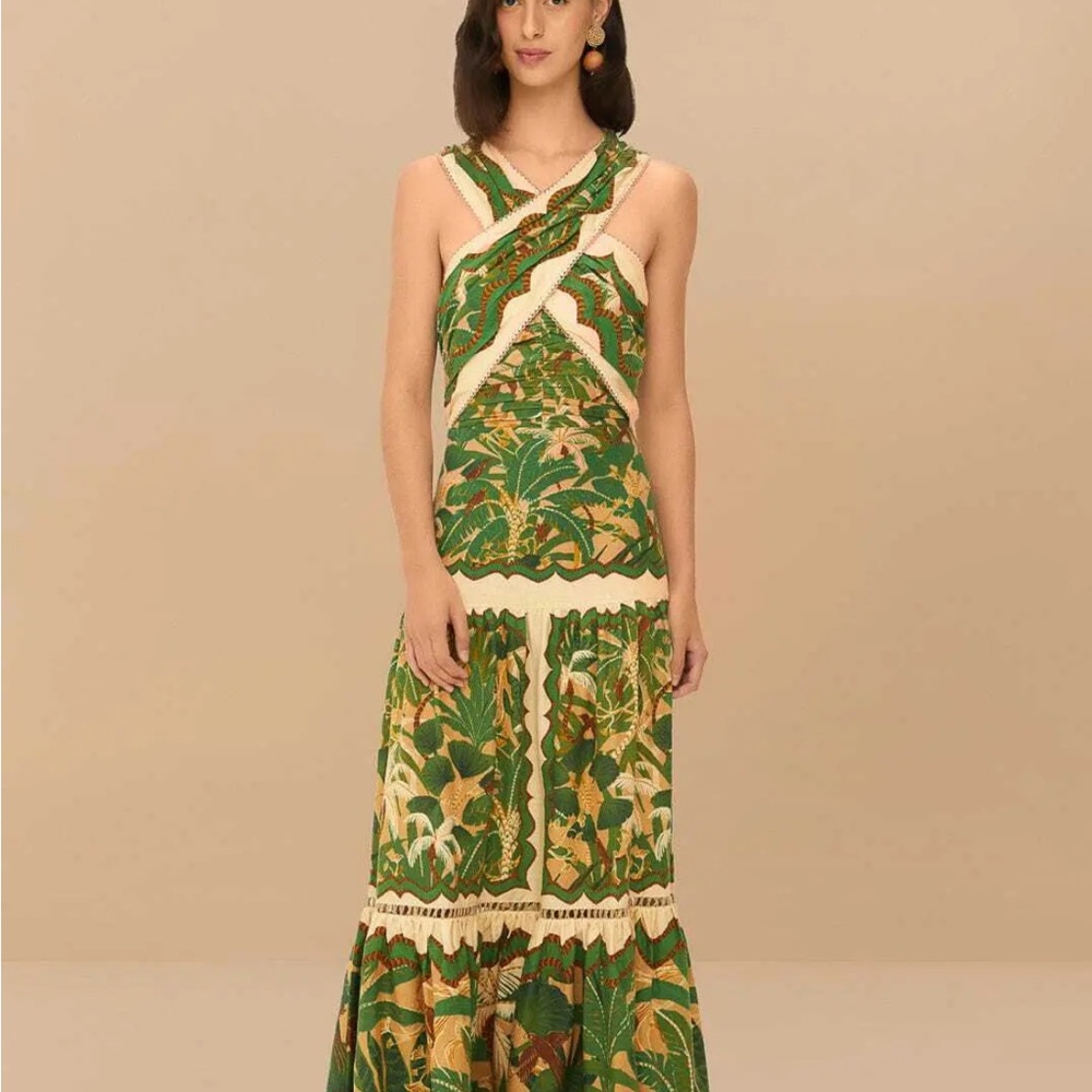 FARM Rio Green and Cream Tropical Maxi Dress